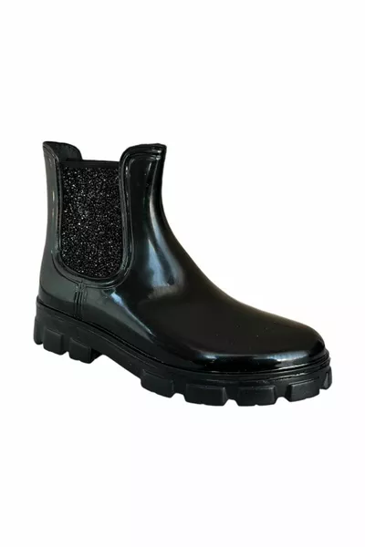 أحذية المطر النسائية للماء أسود مع الحجارة