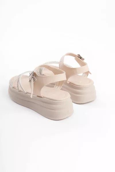 IRINA Orthopädische Sohle Damen Sandalen KT Creme mit dicker Schnalle Steinstreifen