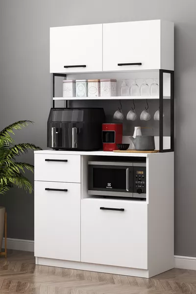 خزانة إرفين متعددة الاستخدامات بيضاء مع ركن القهوة وأجهزة القلي الهوائي