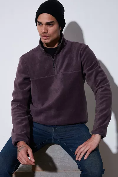 Felpa da uomo in pile spazzolato invernale, collo alto, spessa, regular fit, anti-pilling