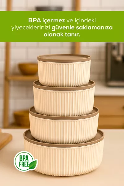 Set di 4 Contenitori Rotondi per Conservazione a Strisce Beige | 2,5l 1,5l 0,5l 0,5l | Compatibili con Microonde e Congelatore