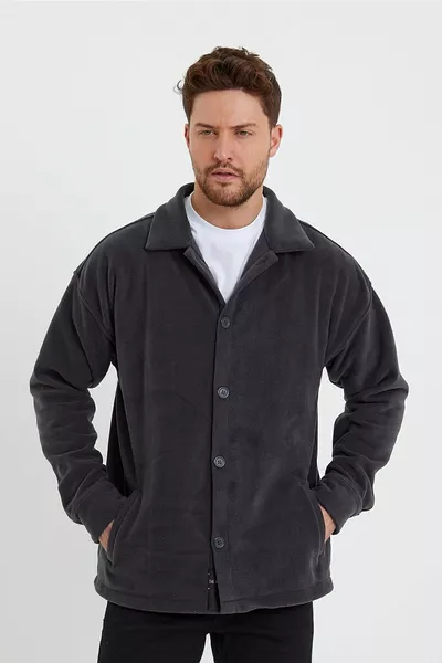 Cardigan da uomo oversize in pile antracite, collo a camicia, taglio ampio, resistente al freddo e che non produce pallini 