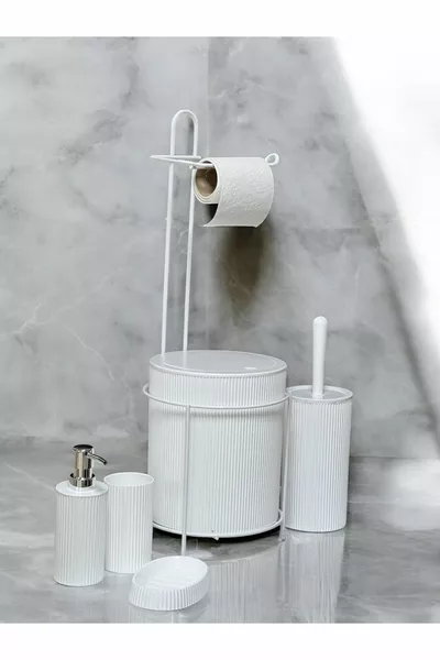 6-delige Badkamer Set met Metalen Standaard, Prullenbak, Toiletpapierhouder en Toiletborstel, Solide - Vloeibare Zeep