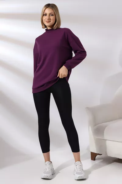 سويت شيرت بأكمام طويلة وياقة نصف عالية  عنابي