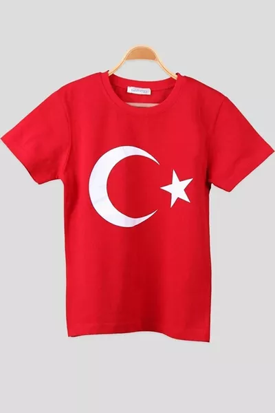 Kurzarm T-Shirt für Jugendliche mit Flagge, Mond und Stern und Atatürk, für den . April, . Oktober und . November Anlass