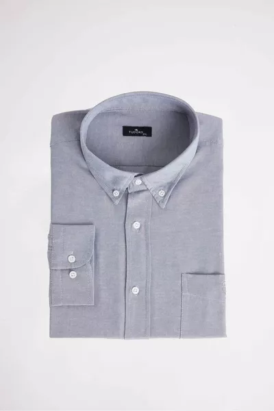Plus Size Long Sleeve Oxford Texture Collar Buttoned Pocket Embroidered Gray Men's Shirt