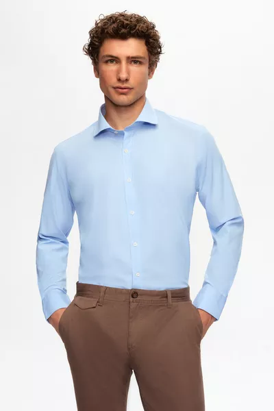 Ds Damat Slim Fit Blue Classic Long Sleeve Shirt with Tie Holder, Easy to Iron