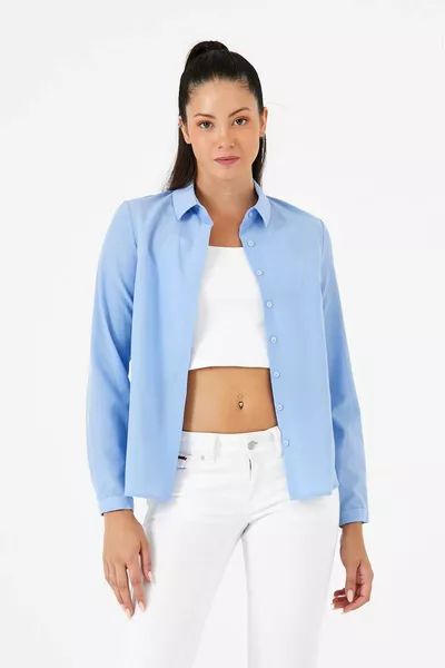 Chemise pour femme, coupe basique, ajustée, en tissu stretch avec bouton caché