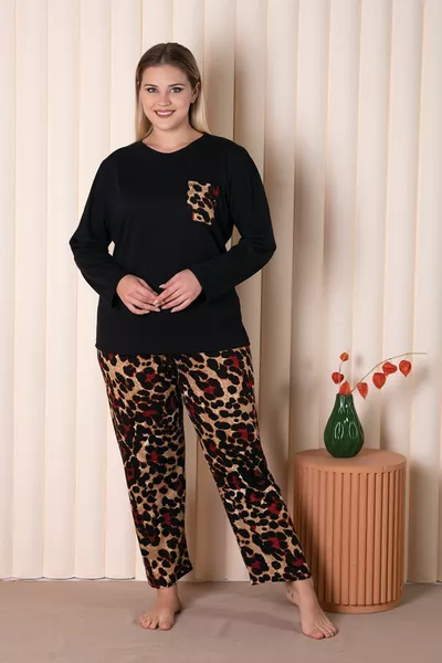 Black Leopard Print Long Sleeve Pajama Set B-2