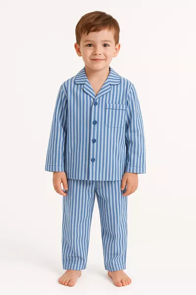 Children's Front-Button Pajama Set Blue Striped Pajamas