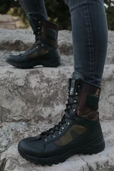  Ортопедична подметка с връзки Ежедневна кожа Мъжки камуфлажни военни пощенски ботуши ST Черен