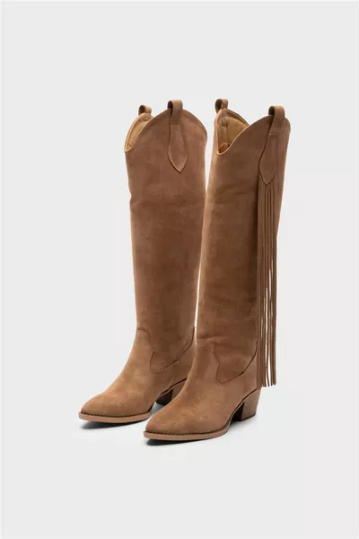 BOTTES DE COWBOY EN CUIR VÉRITABLE DÉTAILLÉES À POMPON CIGARETTE POUR FEMMES 