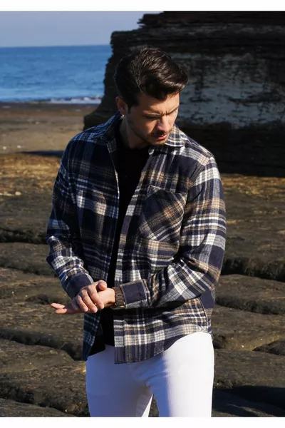 Темно-синий Коричневый Переход Оверсайз (Широкий Узор) Толстая Дровосек Подарочная Рубашка Коробка