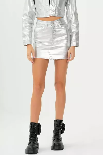 Women's Grey Silver Color Custom Coated Denim Skirt