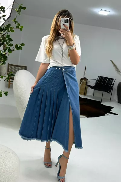 Zijplooi Gedetailleerde Midi Jean Rok Blauw