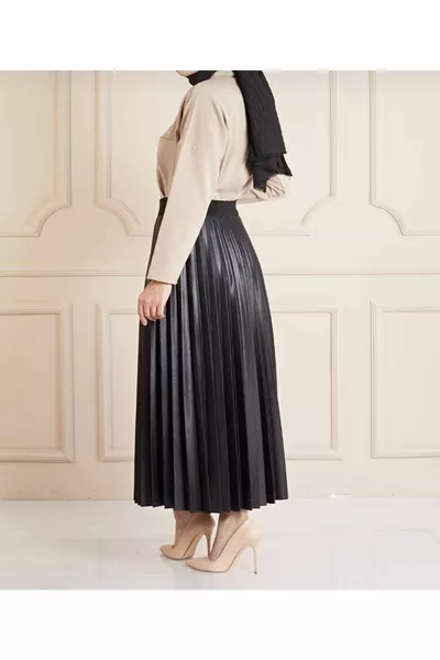 Mode Vrouwen Zwarte Elastische Taille Leder Look Geplooide Rok