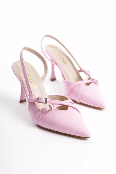 -pmb المرأة مفتوحة الظهر الكعب العالي وأشار اصبع القدم براءات الاختراع الجلود الوردي الخنجر والكعب