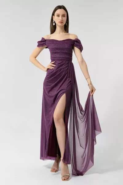 Prugna Boat Collar drappeggiato fessura lungo abito da sera glitter da donna