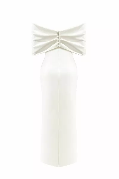 واسعة الياقة الشريط مفصلة انخفض الكتف شق ميدي مساء اللباس