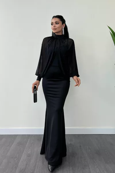 Kreppstoff Perlen Bolero Detailliertes Fischkleid - SCHWARZ