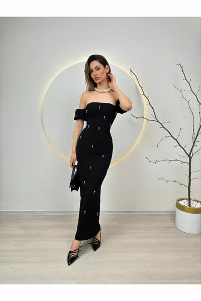 Black Stone Detailed Evening Dress Graduation Dress