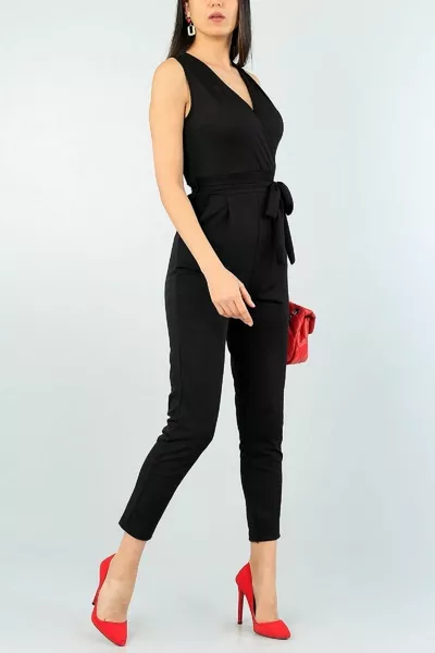 Cintura dettagliata tessuto flessibile doppio petto collare senza maniche abito da sera nero tuta 