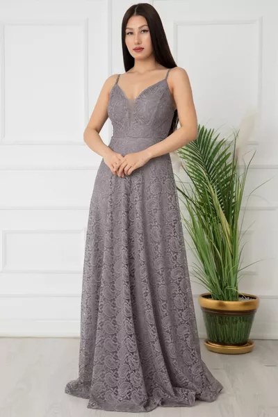 Dantel Ip Askılı Uzun Abiye Elbise 