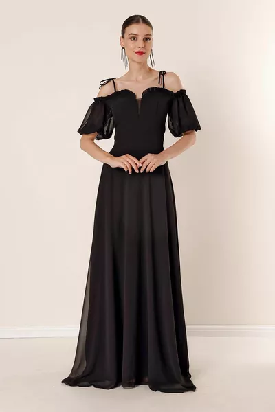 فستان طويل من الشيفون بأكمام منفوخة بطيات أسود