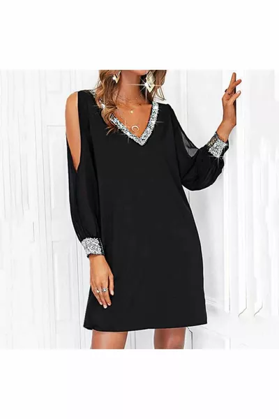 Women's Black Long Sleeve Sleeves Tulle Slit V-Neck Short Sandy Dress