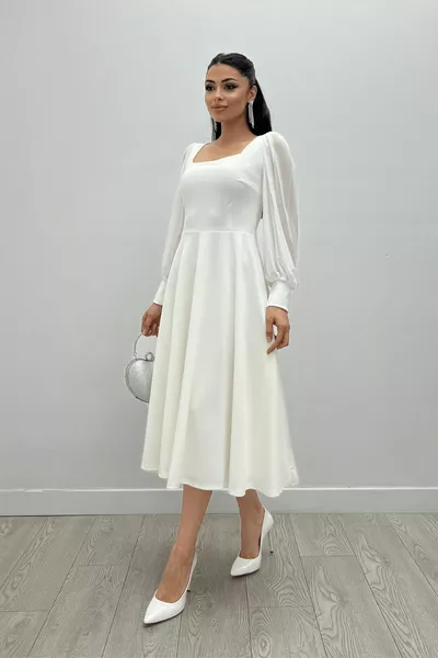 فستان متوسط الطول بأكمام كريب من القماش تول - أبيض