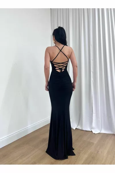 Women's Evening Dress Rope Strap Deep Back Low-Cut Back Cross Rope Detailed Bodycon Lycra Maxi Dress