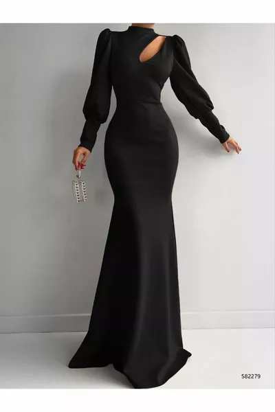 Rundhalsausschnitt Ballon Langarm Brustdetail Importiertes Abendkleid aus Scuba Stoff Maxi Länge