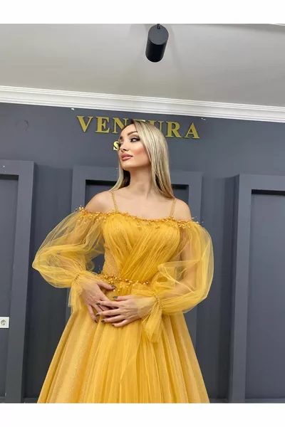 Intensi abiti da sera senape ricamato perle-abiti di fidanzamento
