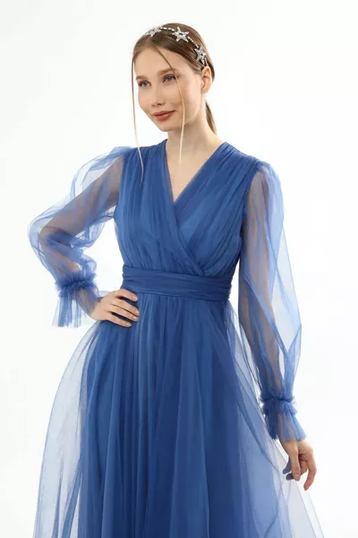 Front Double-breasted Long Sleeve Tulle Evening Dress