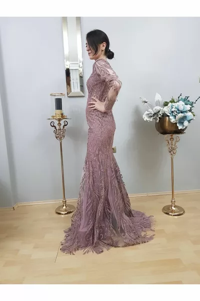 Жените прах блясък специален дизайн риба дълъг ръкав вечерна рокля