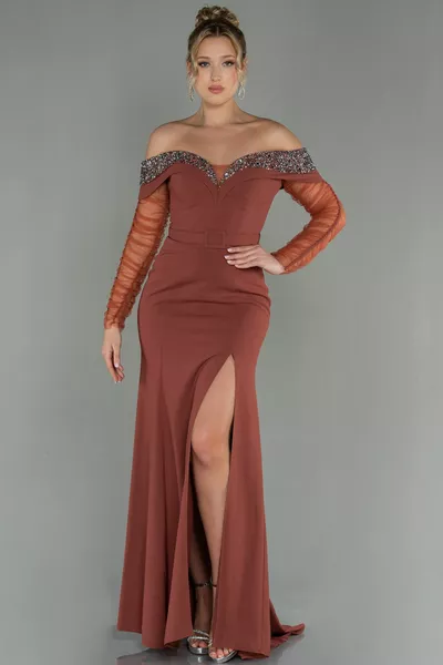 Канела камък лодка яка дълъг тюл ръкав риба вечер рокля 