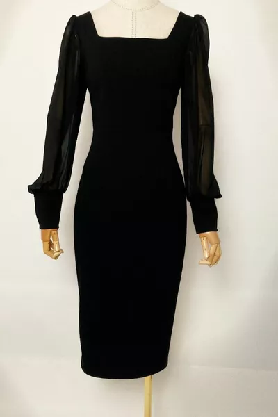  فستان مربع الرقبة الشيفون الأكمام أسود