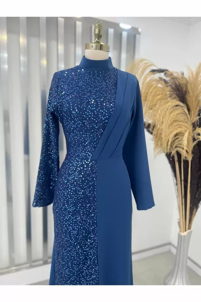 Sequined Azalea Hijab Evening Dress Indigo