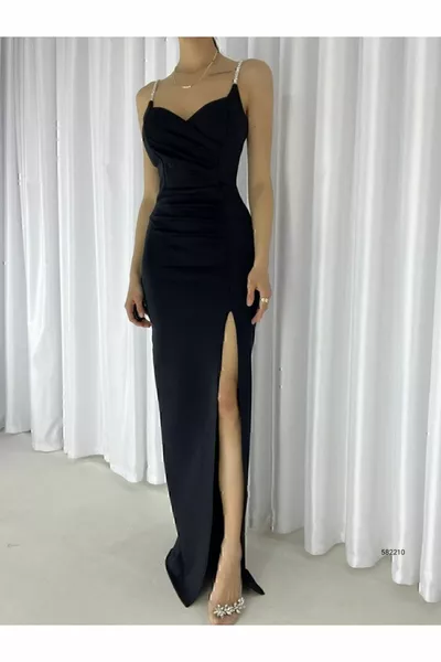 Women's Black Stone Strap Slit Scuba Fabric Evening Dress Engagement Wedding Graduation Dress
