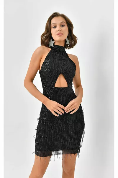 Damen Mini Pailletten Fransen Abendkleid 