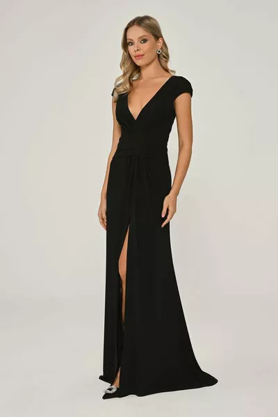 Deep V-Neck Front Draped Tail Crepe Long Dress