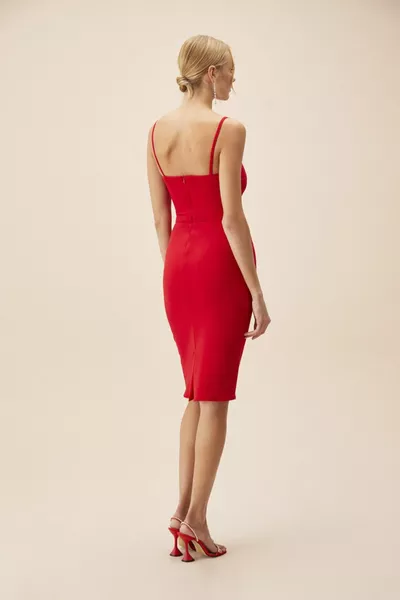 Oleg Cassini Tr Rotes schmales Riemchenkleid aus Midi-Crêpe