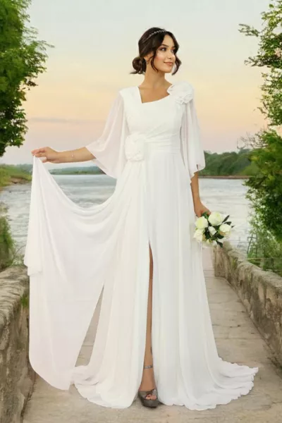 ASYMMETRISCHER AUSSCHNITT, WEITE VOLANTÄRMEL, FLORALE TAILLE UND SCHULTER, SCHLITZ, CHIFFON-HOCHZEITS- UND OBERKLEID