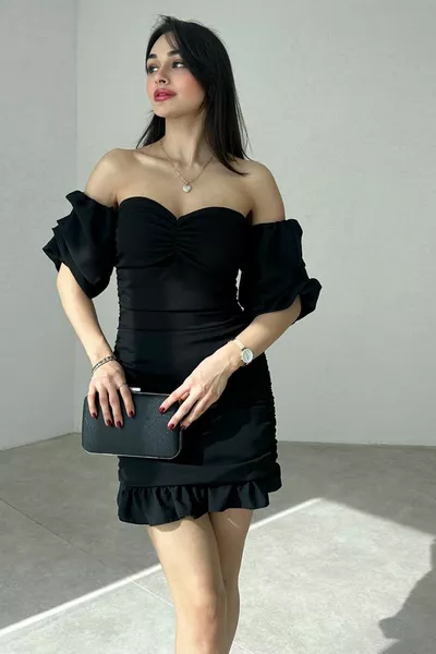 المرأة كريب النسيج حمالة طوق أسود البسيطة مساء اللباس مع تصميم أنيق الأكمام ورباط 