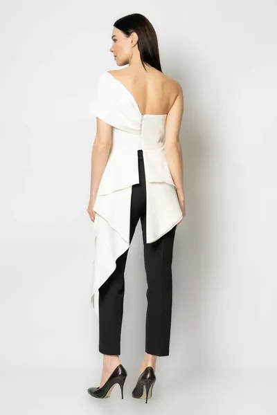 Floral side flounced blouse with flowers in the middle, crepe pants, double evening dresses