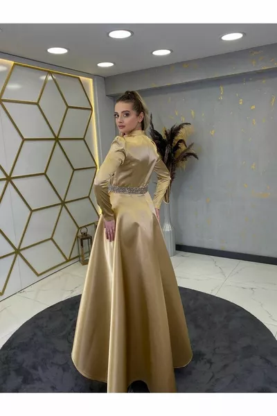 Stone Belted Suna Hijab Evening Dress Gold