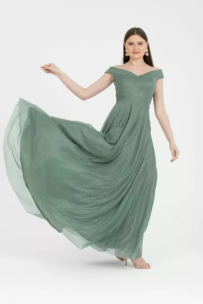 Women's Boat Collar Straptes Long Flared Glitter Evening Dress Invitation /  Dark Çağla