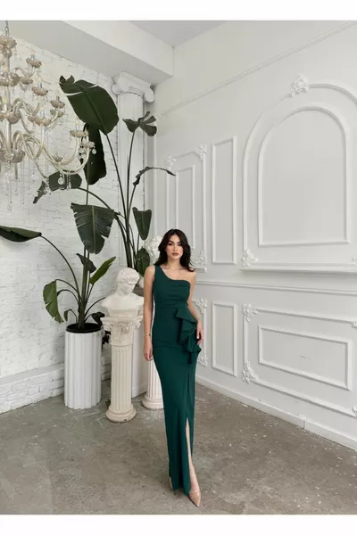 Zany Single Shoulder Ruffle Detail Slit Evening Dresses  EMERALD