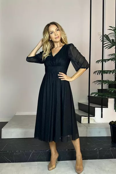  V-Neck Glitter Evening Dress Black