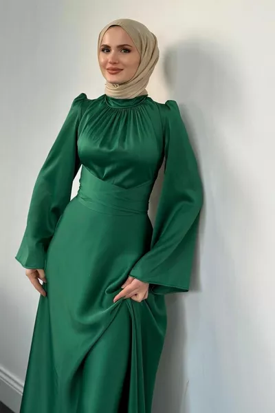 Violet Spanish Sleeve Waist Tie Satin Dress Emerald
